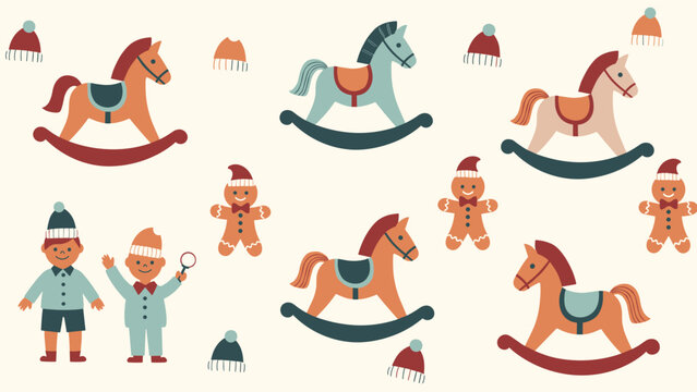 Charming seamless pattern featuring traditional Christmas rocking horses, gingerbread men, and cute elves with hats, scattered across a light background.