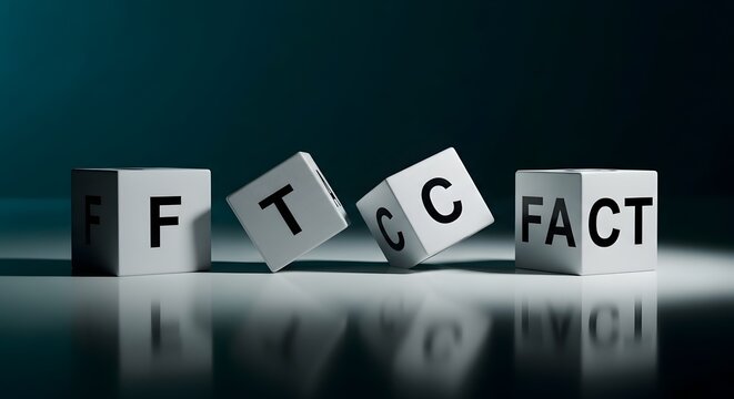  Four White Dice with Letters F T C and A Spelled Out on Reflective Dark Surface