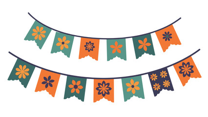 Fototapeta premium Cheerful and colorful illustration of two strings of festive bunting flags adorned with charming floral patterns, perfect for celebrations and decorations.