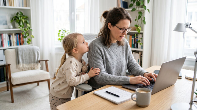 Working mother using laptop while child seeks attention at home during busy weekday