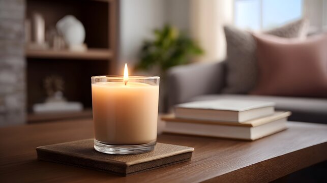A lit candle rests on a wooden table alongside stacked books establishing a warm and intimate atmosphere in a modern living area