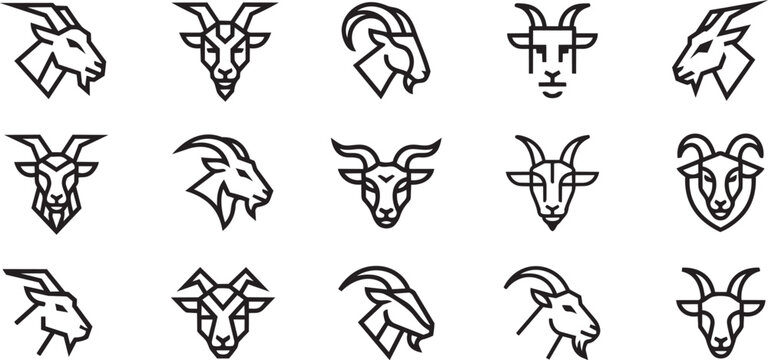 Creative goat head line art collection with various geometric profiles and front view animal portraits.