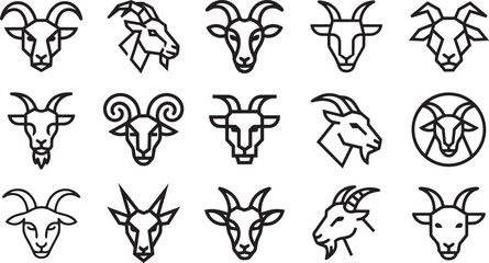 Obraz premium Modern goat profile and front face icons using minimalist geometric line art for dairy farm branding.