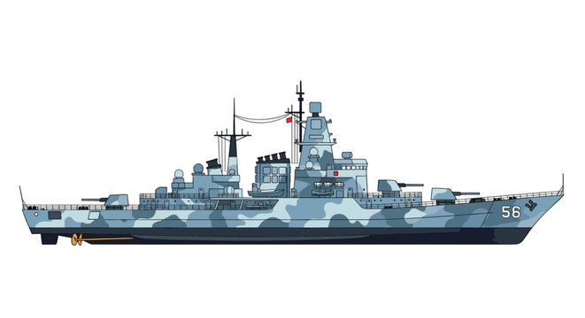 Detailed illustration of a modern military destroyer ship with camouflage paint and various weapon systems for naval warfare concepts.