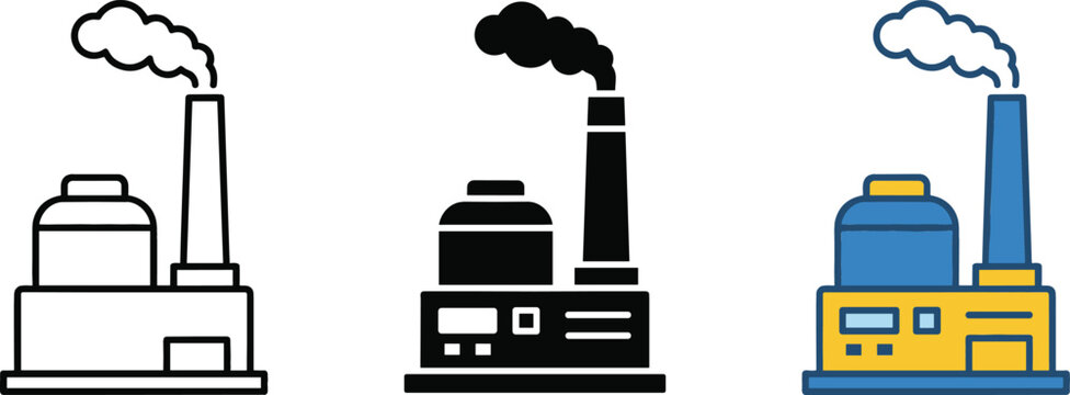 Industrial Factory Plant Icon Set Featuring Smoke Stack Chimney for Manufacturing Business Energy and Production Concept Designs