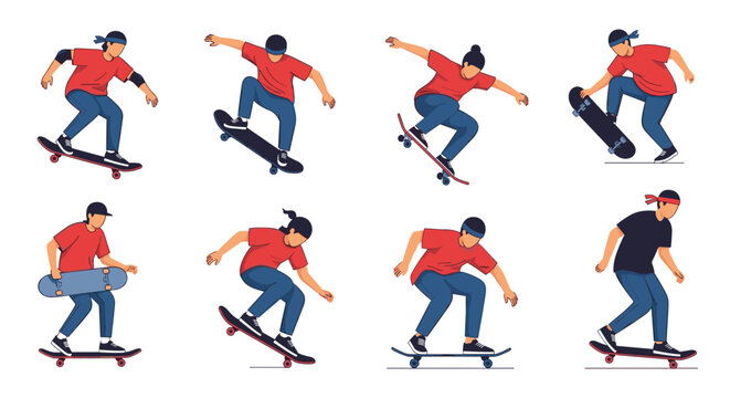 Different poses of a skateboarder performing various tricks such as jumps and flips illustrating extreme sports and street culture.