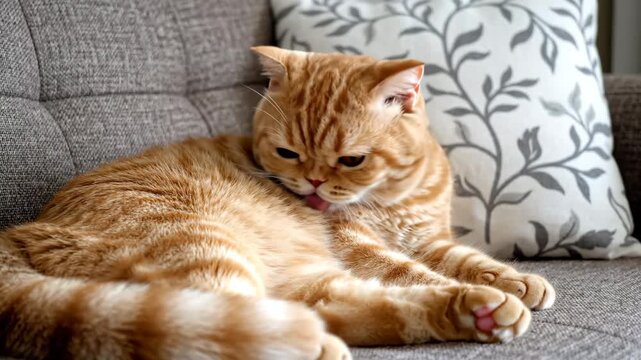 Adorable ginger cat relaxing on a grey sofa with a patterned pillow for pet care content and home lifestyle advertising.