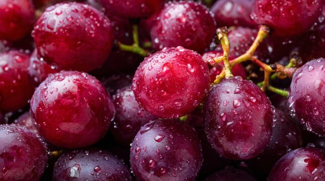 Fresh red grapes with water drops in close up macro fruit texture background