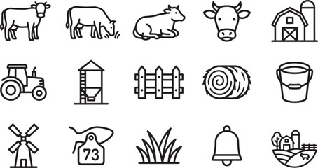 Collection of farm icons including cows tractor barn windmill and fence. © Farzana Akter Munni
