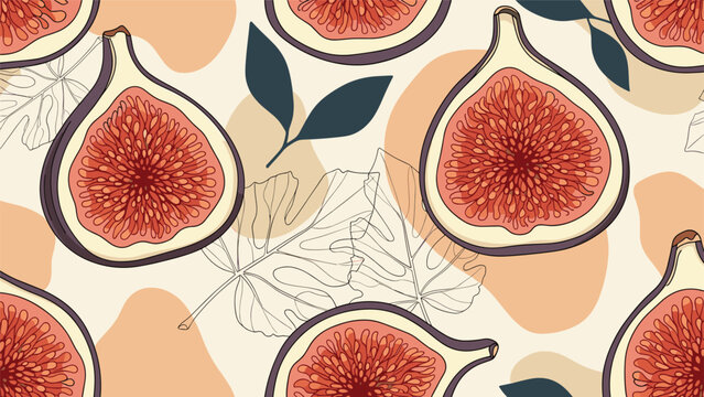 Artistic seamless pattern featuring whole and halved figs revealing their vibrant red pulp and seeds, complemented by abstract shapes and subtle line-art fig leaves on a light background.
