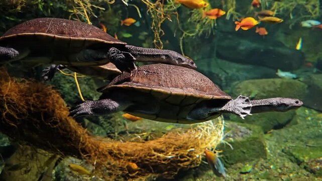 Close up of a couple of snake neck turtles swimming together in a river underwater