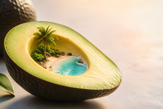 Avocado split open to reveal a tiny tropical island with palm tree