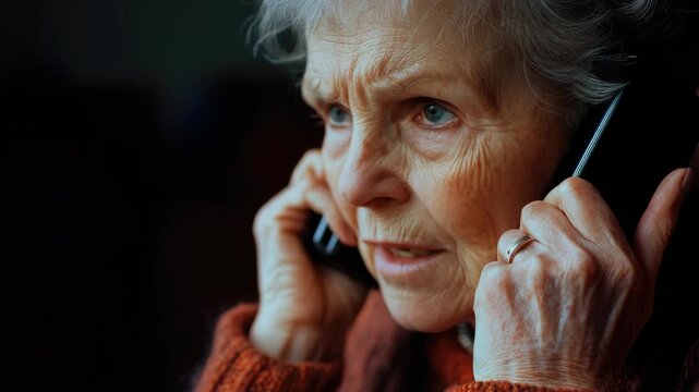 An elderly woman appears startled while talking on the phone.