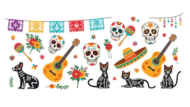 Colorful collection of elements for Day of the Dead celebration, including vibrant sugar skulls, guitars, maracas, decorative banners, skeleton cats and dog, and floral accents.