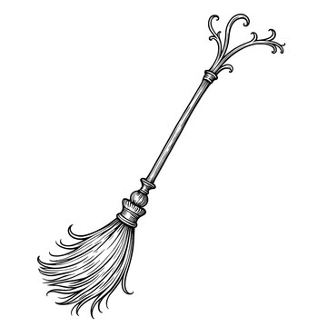 Vintage magical broom illustration in engraved monochrome fantasy style. Concept of witchcraft tarot and occult symbolism - mystical object
