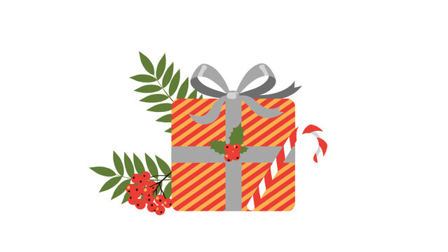 Festive illustration of a striped Christmas gift box adorned with a silver bow and holly berries, accompanied by a candy cane and green foliage, embodying holiday cheer.