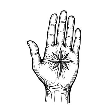 Vintage palmistry hand with mystical symbol in engraved monochrome esoteric style. Concept of fortune telling and tarot divination - spiritual symbolism