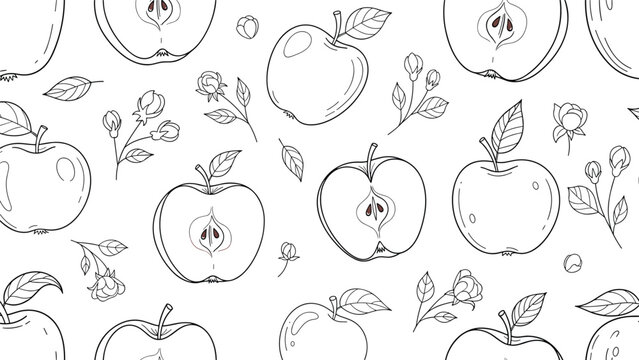 Elegant black and white seamless pattern featuring outline drawings of whole and halved apples, along with delicate apple blossoms and leaves, creating a sophisticated botanical design.