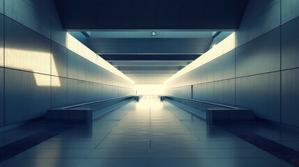 Fototapeta premium Futuristic minimalist hallway with clean geometric lines and bright light at the end, evoking direction, progress, innovation and a sleek path toward new possibilities