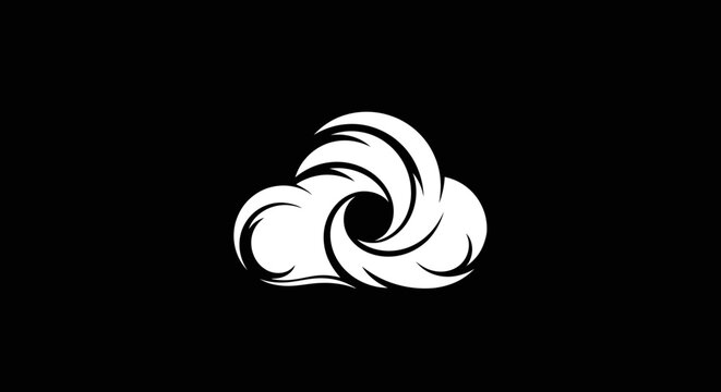 Stylized white cloud with swirling vortex design on a black background.