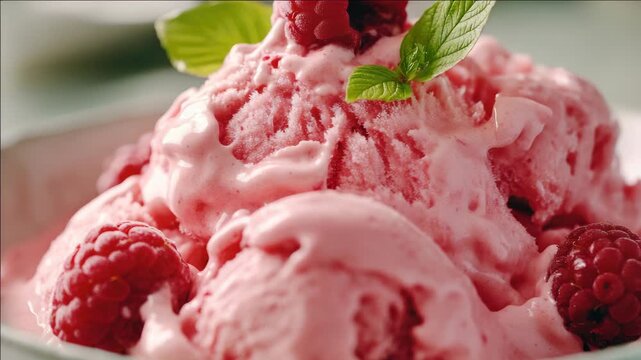 Close-up of a scoop of pink sorbet topped with raspberries and garnished with mint leaves on a white plate