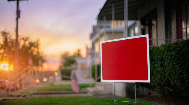 Blank Red Real Estate Sign in Front of Suburban Houses at Sunset for Housing Market Concepts