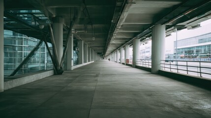 Naklejka premium Concrete pedestrian walkway with columns and glass wall leading into the distance, connecting urban modern architecture with strong lines and industrial design elements