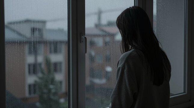 Lone woman stands by a rain-streaked window