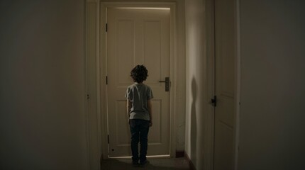 Young child stands before closed door in dim hallway © Cloudyew