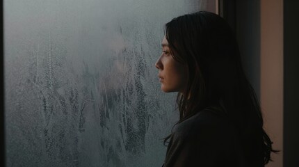 Woman gazes through fogged window, lost in thought © Cloudyew
