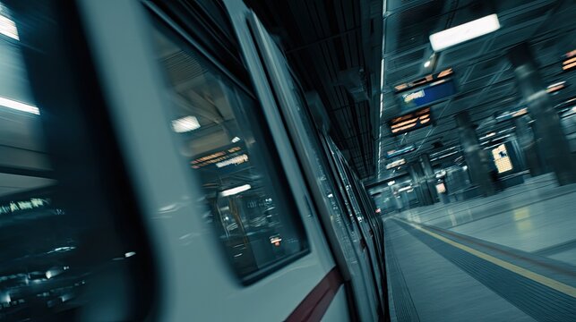 Subway train blurring through a modern underground station, dynamic motion capturing speed and urban commute on platform as passengers move through sleek transit architecture and tunnels