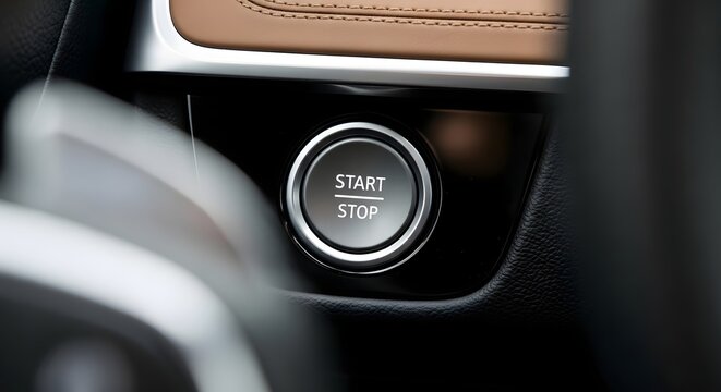 Modern car engine start stop button in detailed interior view