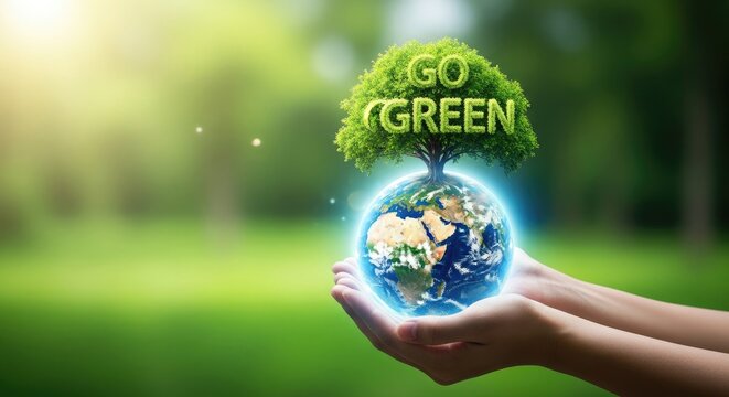 Hands holding earth with '100 green' text in tree shape