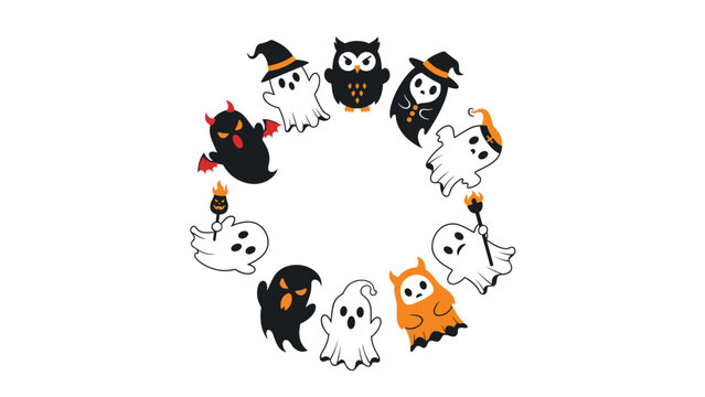 Spooky and playful circular frame composed of various cute Halloween ghosts and ghoul characters, including devils and owls, perfect for a festive border or design element.