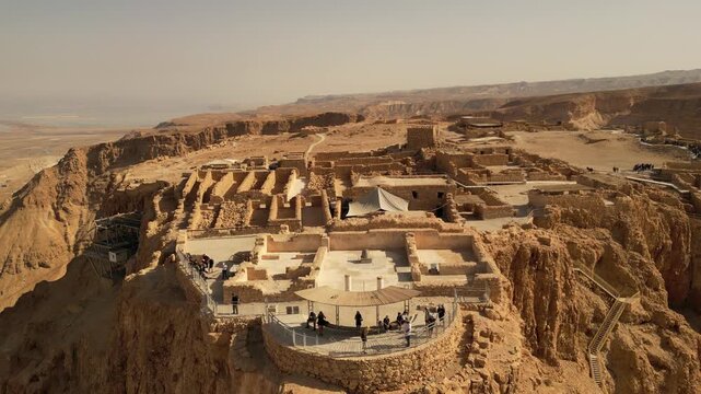 Aerial View of Masada Fortress and Desert Cliffs Near Dead Sea Israel