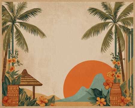 a mid century modern authentic tiki menu blank template - vintage paper texture, border with hut, flowers, mountains and ocean - copyspace for MCM Hawaiian theme sign, responsive website, series