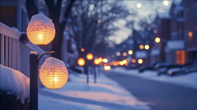 Warm lights on snowy winter night street scene