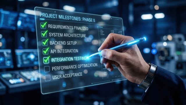 Futuristic Project Management Hand Checks Milestones on Transparent Digital Interface in High Tech Setting