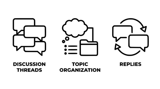 Minimalist vector icons representing communication and digital topic organization tasks