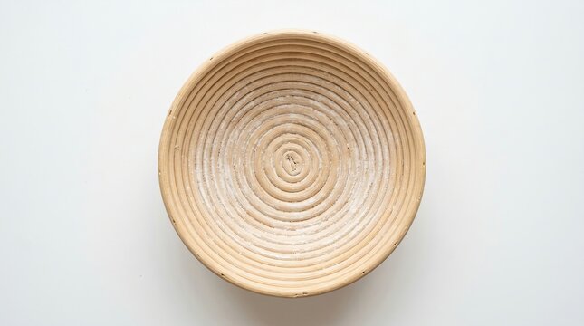 Top view of an empty rattan banneton sourdough proofing basket isolated on a white background