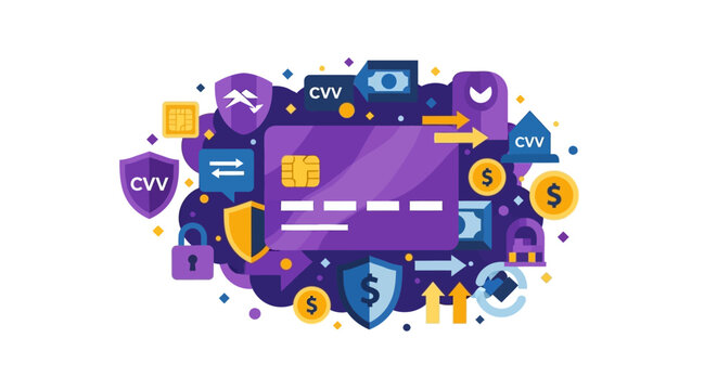 Secure Online Payment and Financial Data Protection Concept Illustration with Credit Card, Shield, and Lock Icons for Banking and FinTech Web Design
