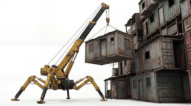 Futuristic Spider Crane Lifting Rusty Metal Shack Near Stacked Slum Dwellings