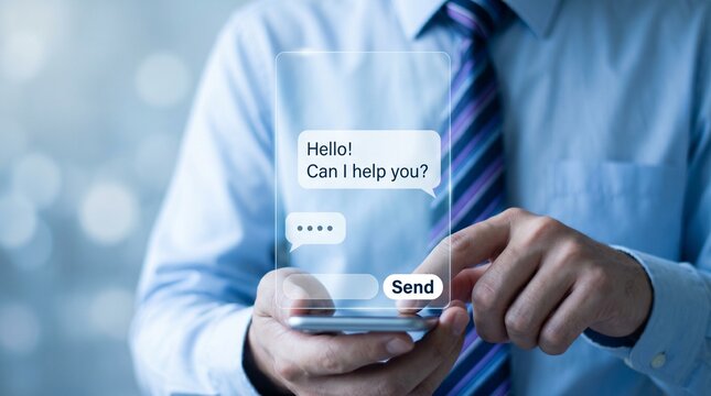 Businessman in blue shirt and tie holding smartphone with chat interface on screen displaying hello message and send button for customer support or service inquiry.