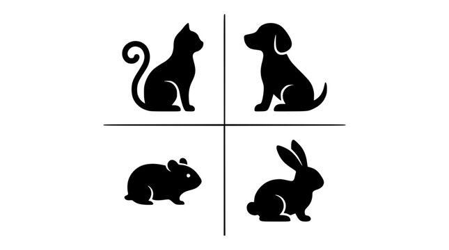 Simple vector graphic illustration of four common pets in quadrants