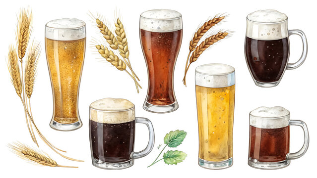 Craft Beer Variety with Wheat Stalks Artistic Illustration for Beverage Advertising and Creative Projects