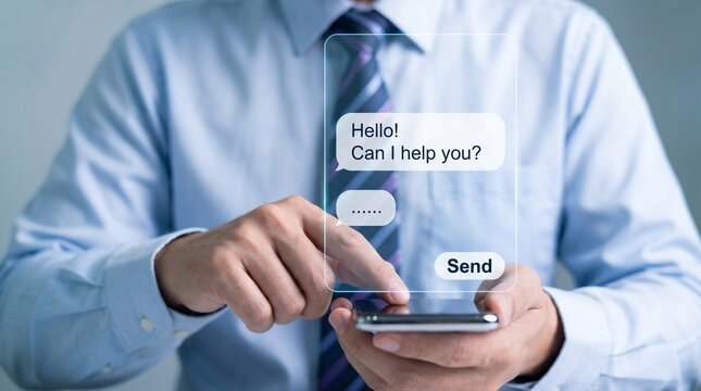 Businessman in blue shirt and tie holding smartphone with chat interface on screen displaying hello message and send button for customer support or service inquiry.
