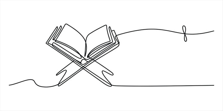 Continuous single line drawing of an open holy quran book on a wooden rehal stand for islamic religious study and prayer Vector, illustration