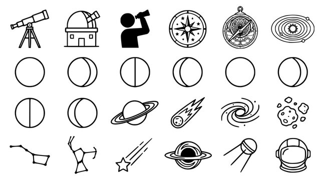 Collection of simple black and white astronomy themed vector icons