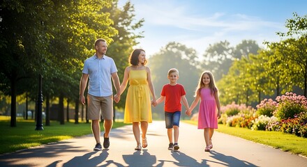Fototapeta premium Happy Family Walking on Park Path on Sunny Day
