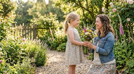 Naklejka premium Young Girl Giving Wildflower Bouquet to Her Mother in a Sunlit Garden
